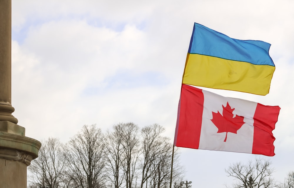 two canadian and canadian flags flying in the wind