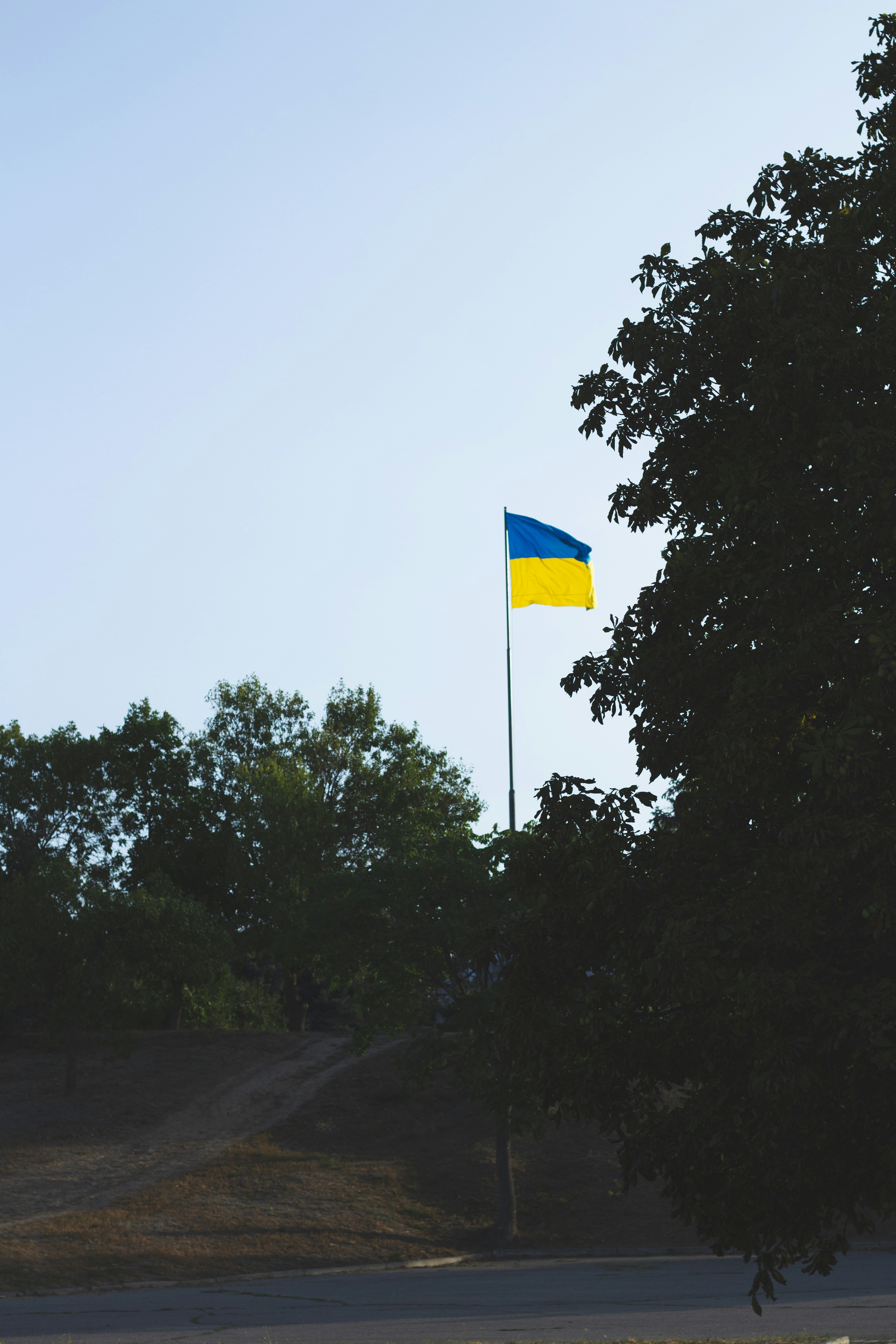 a yellow and blue flag flying in the sky