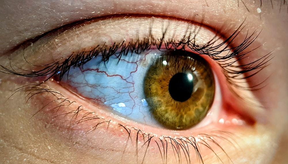 a close up of a person's brown eye