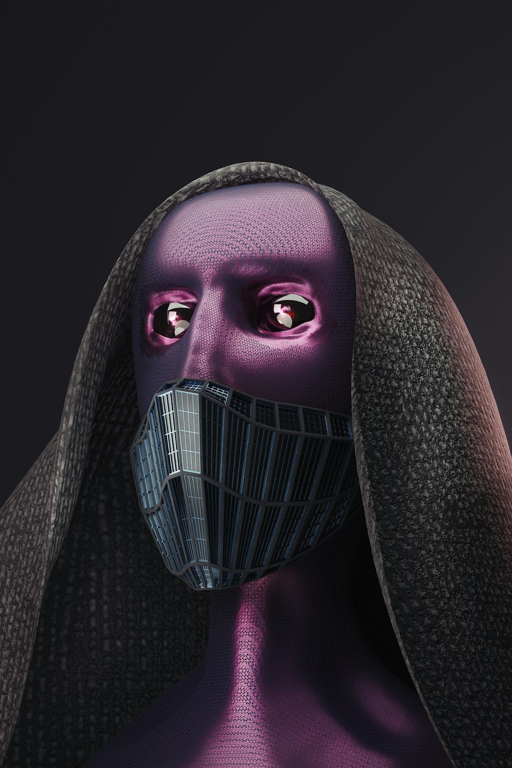 a person wearing a purple mask and a black jacket