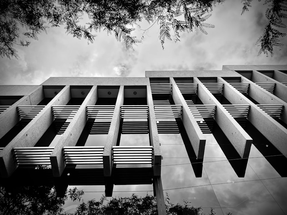 a black and white photo of a building with benches