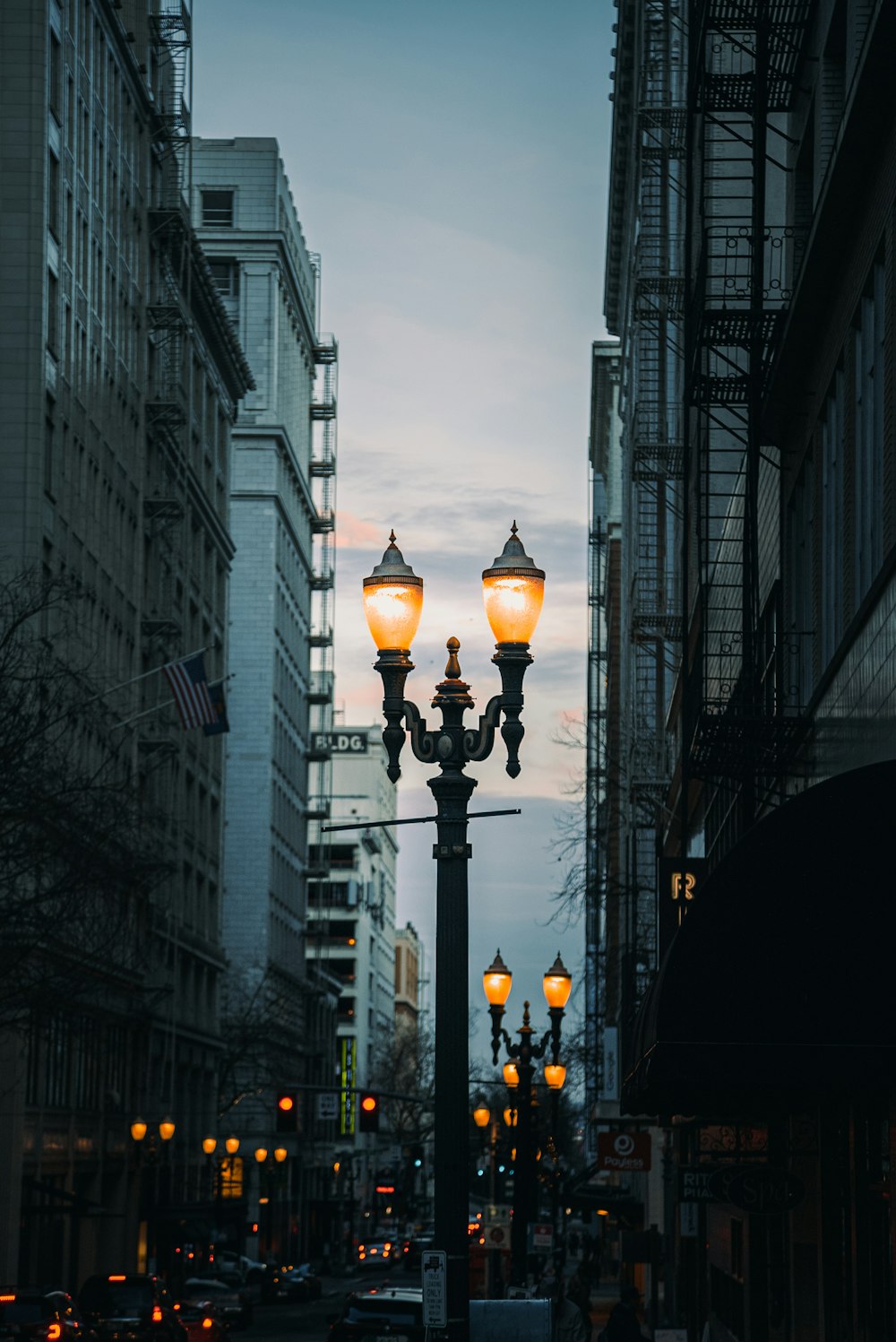 a street light in the middle of a city