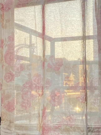Close-up of delicate rose-powder curtains framing the window with a view of Nevers.