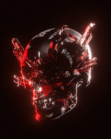 A dark, moody art piece featuring a skull adorned with red crystal-like structures protruding from various points. The skull displays graffiti-like text with phrases such as 'No Future' etched across its surface. The stark contrast between the red and black creates a menacing, dystopian atmosphere.