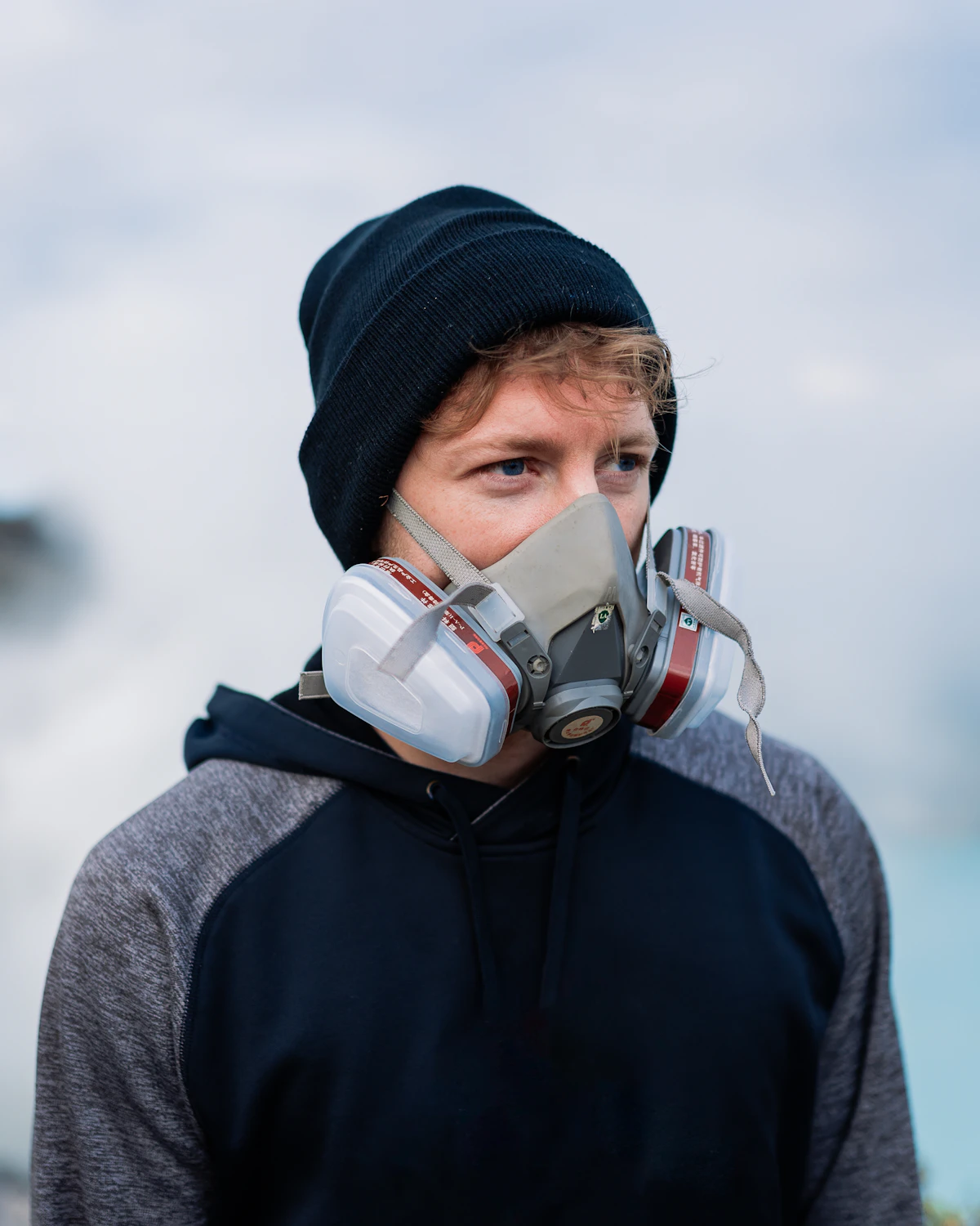A man wearing a gas mask on his face