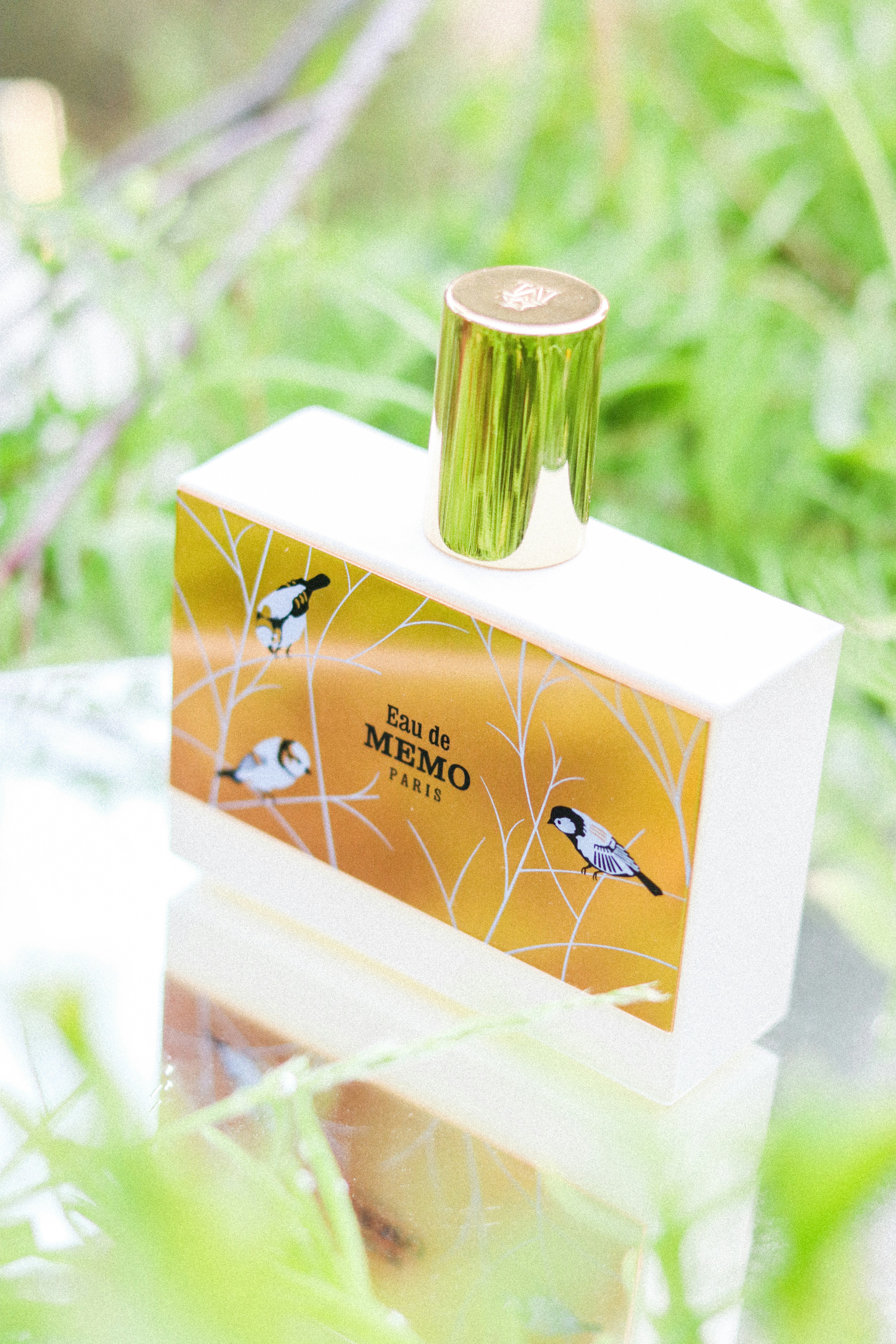 um frasco de perfume sentado em cima de uma mesa