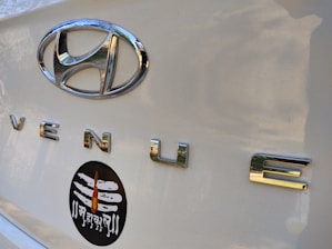 Close-up of a car trunk with a shiny silver Hyundai emblem and the word 'VENUE' in chrome letters. Below these, a black oval sticker features a white Shiva linga with a flame design and Devanagari script.