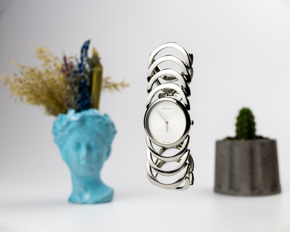 un vase avec une plante et une montre dessus