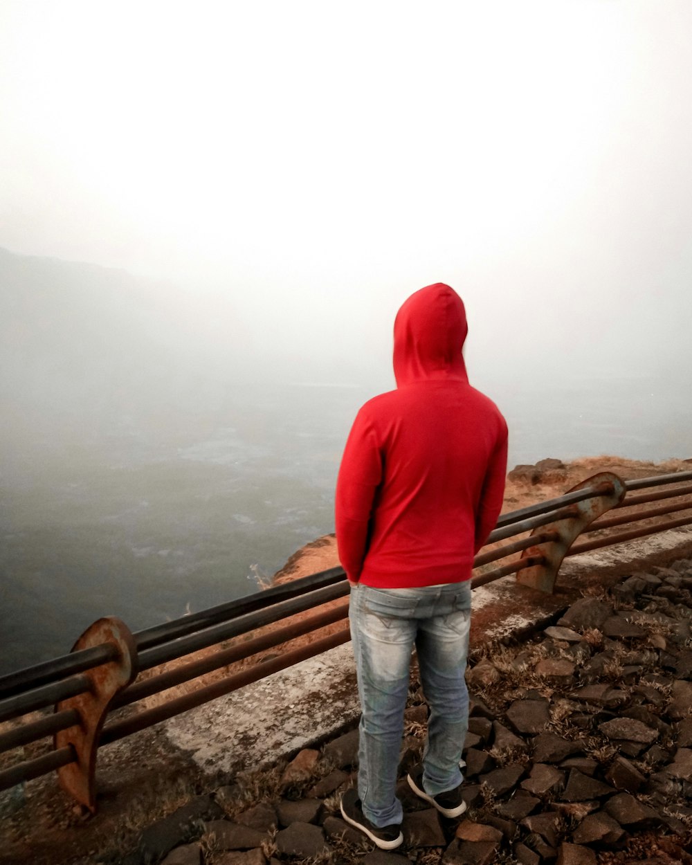 a person in a red hoodie looking out over a mountain