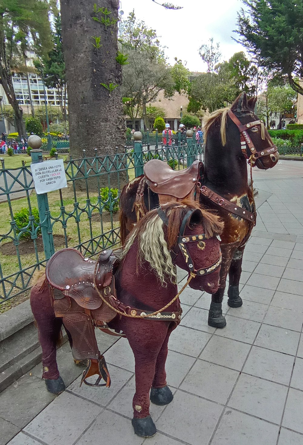 a couple of brown horses standing on top of a sidewalk