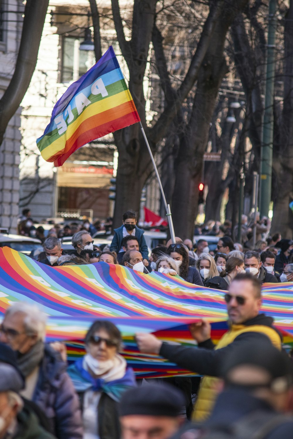 a large group of people holding a rainbow flag