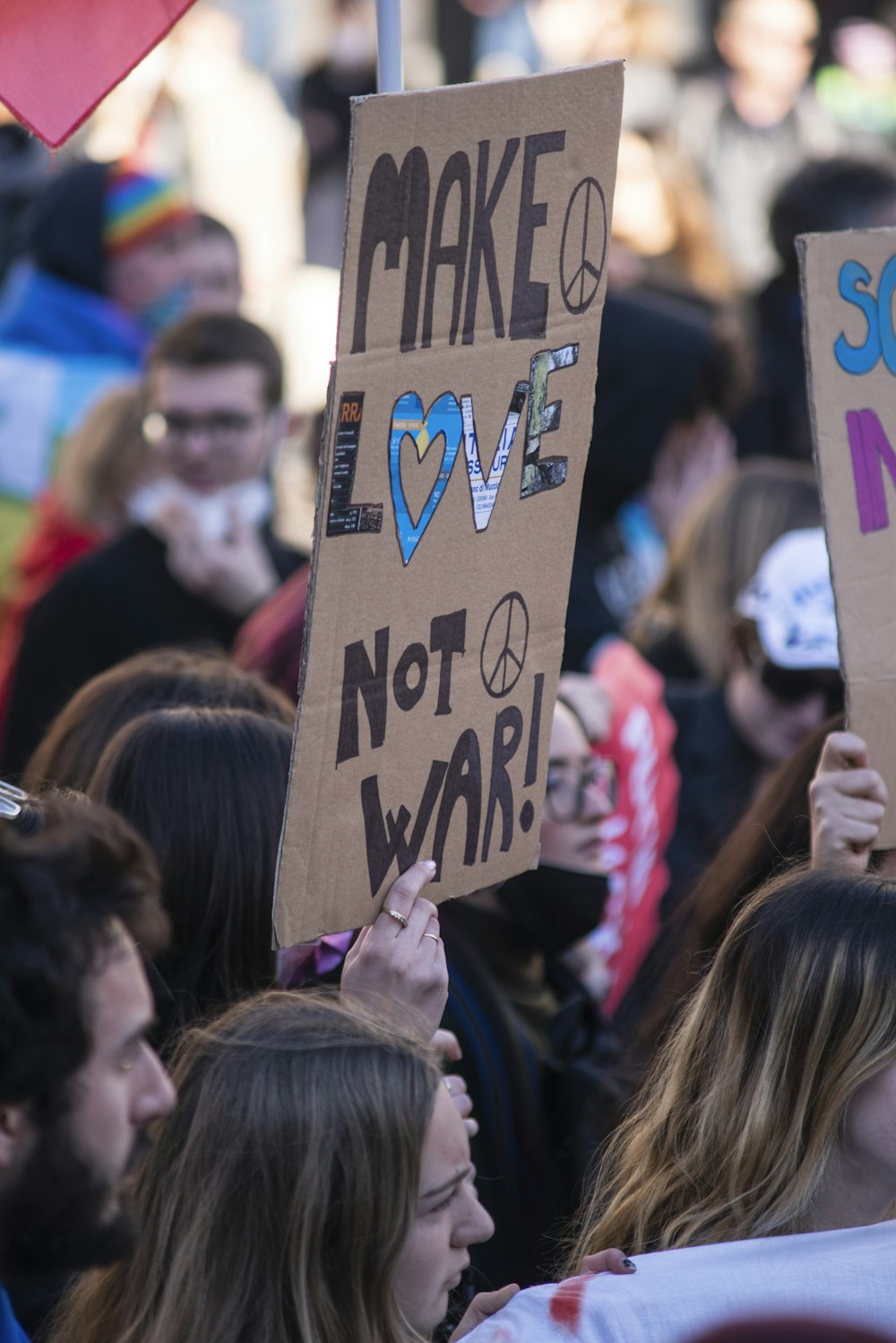 a group of people holding signs and flags