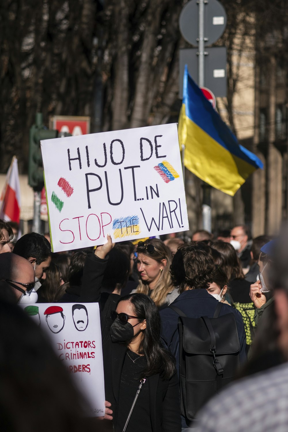 a crowd of people holding signs and flags