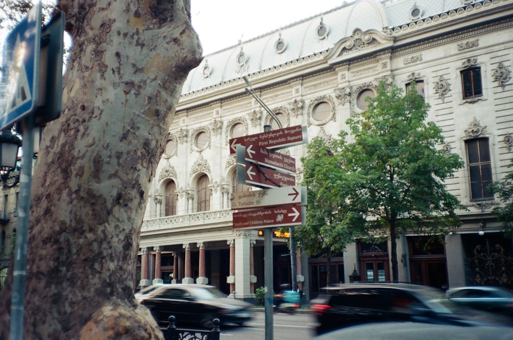 a street sign in front of a large building