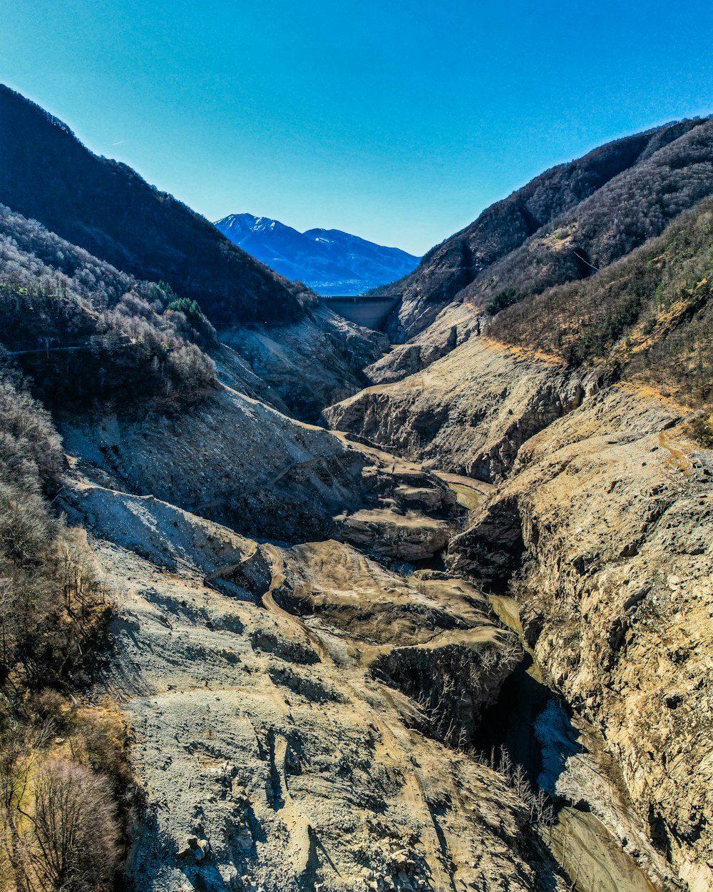 a view of a valley with mountains in the background