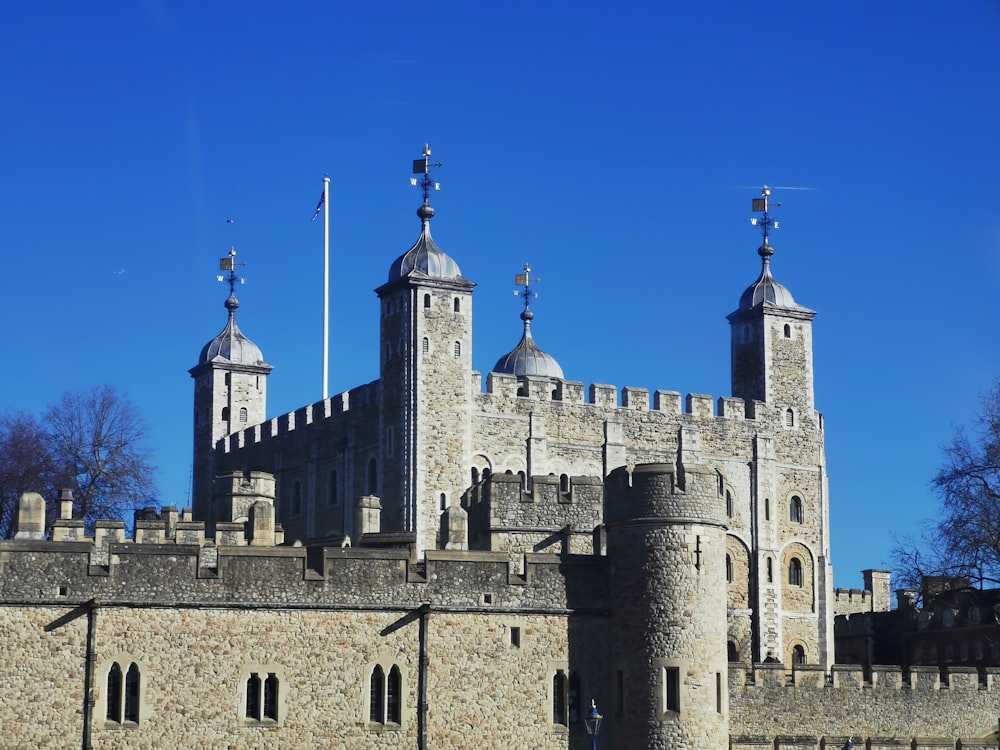 a castle with two towers and two flags on top of it