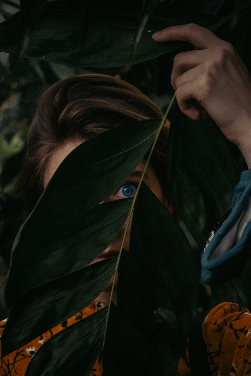 a woman with blue eyes hiding behind a leaf