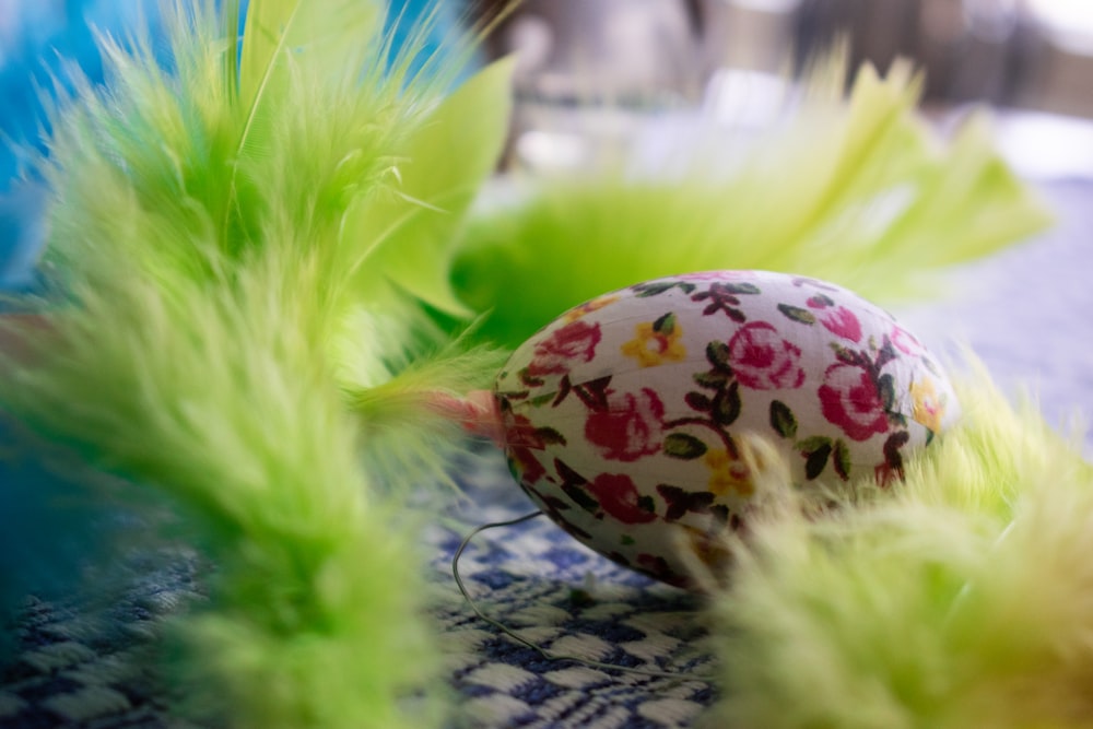 a close up of an easter egg on a table