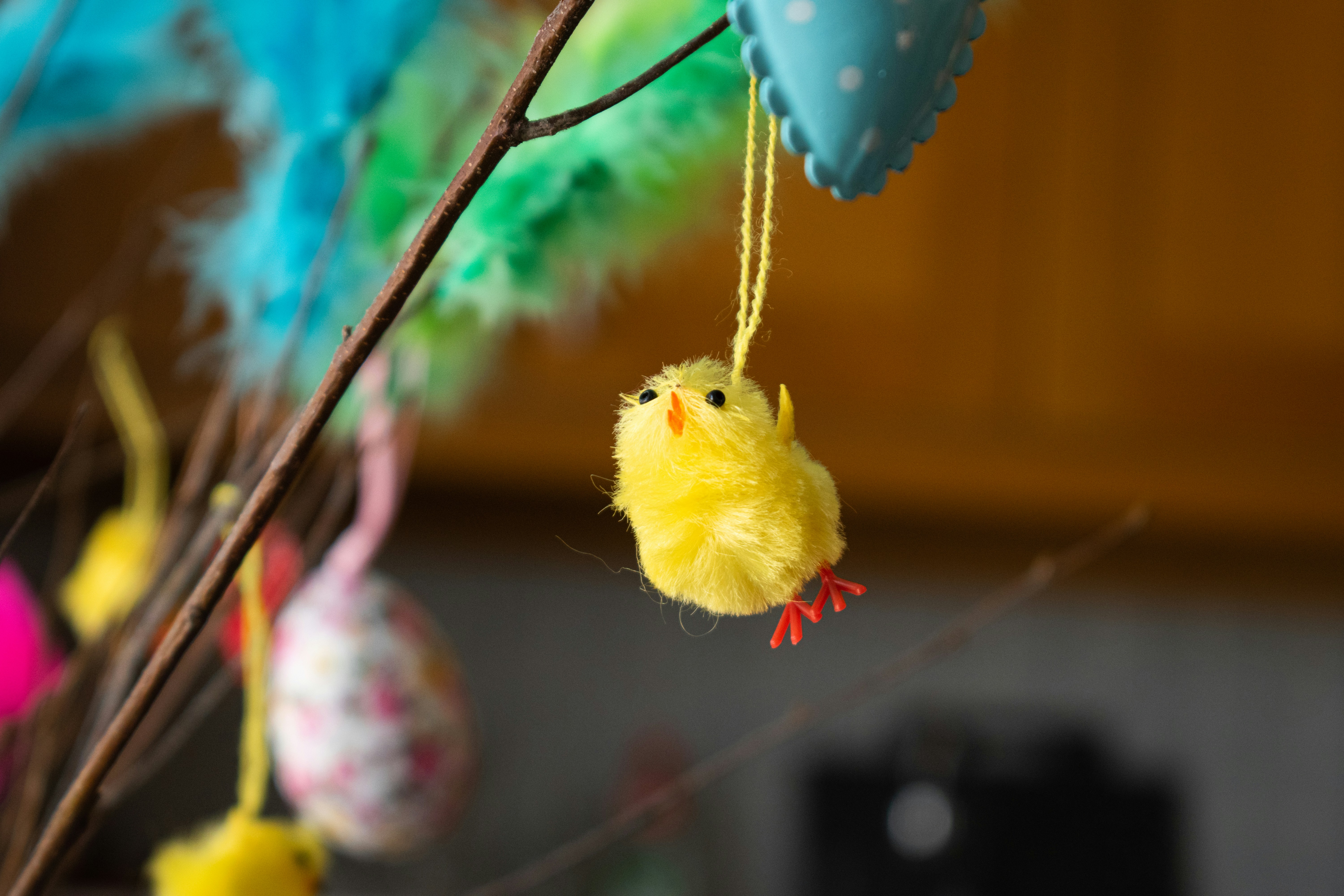 a small yellow bird hanging from a tree branch