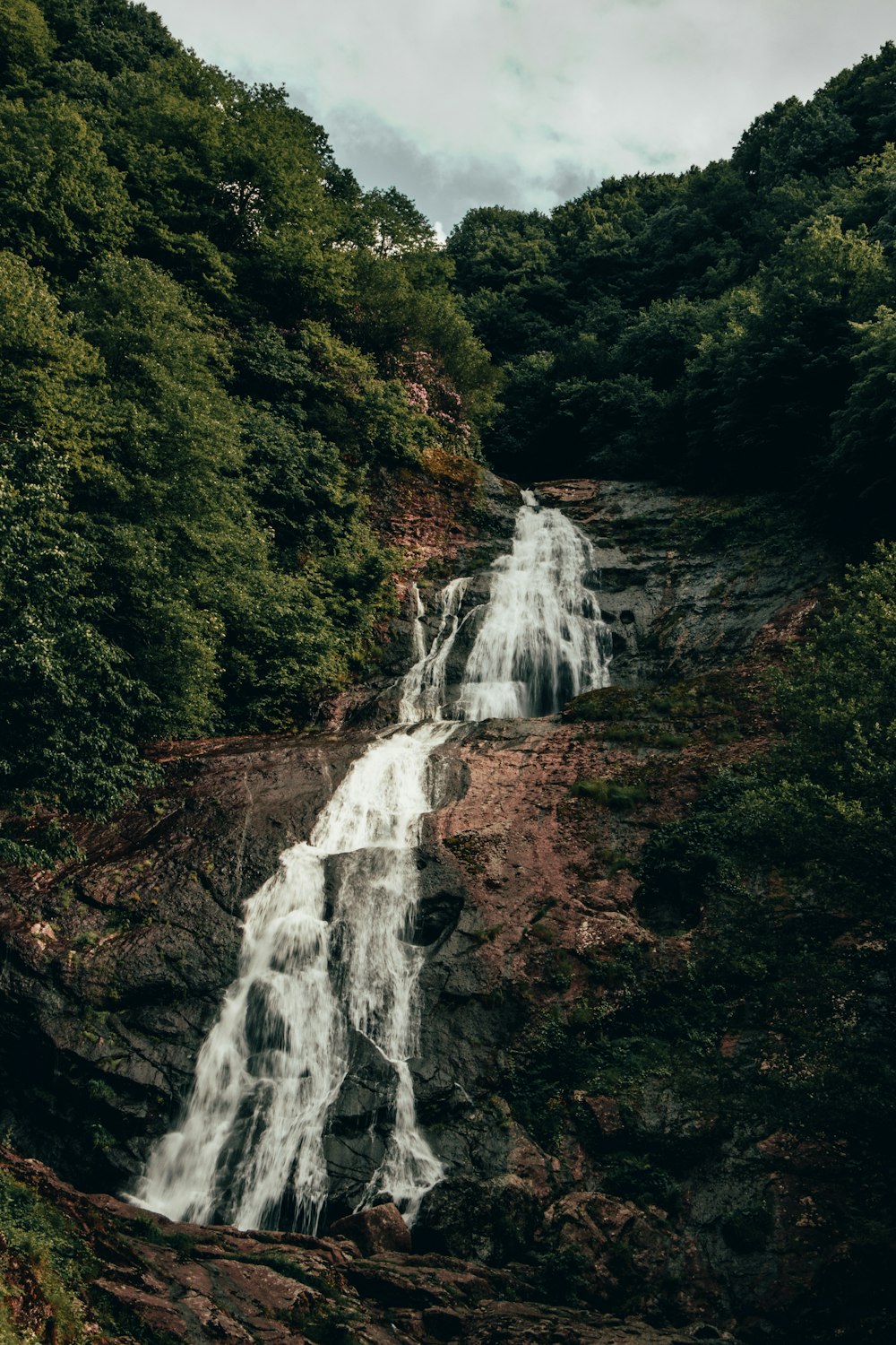 a large waterfall in the middle of a forest