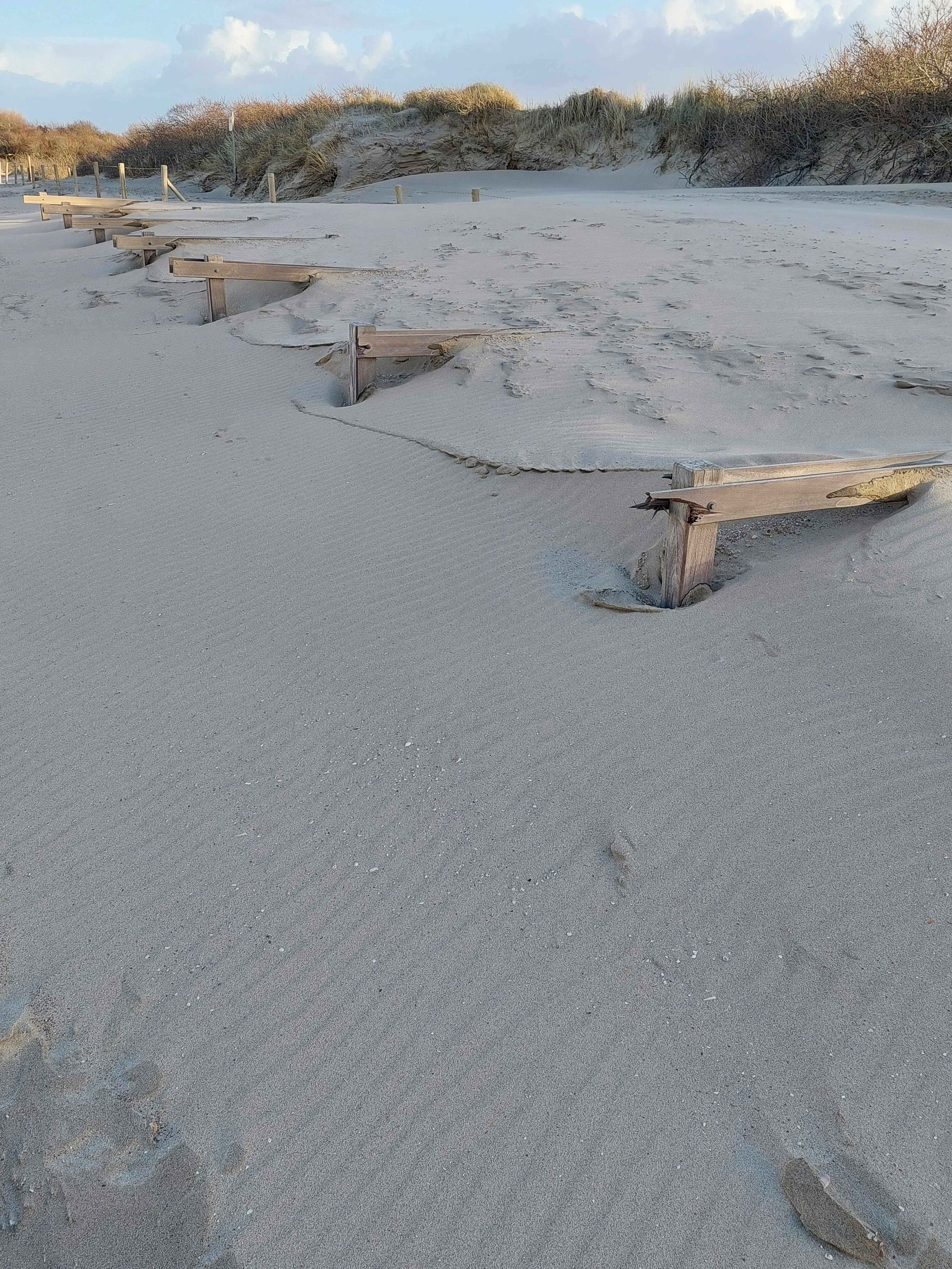 a row of benches sitting on top of a sandy beach
