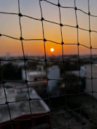 A glowing retro sunset with grid lines fading into the horizon.