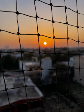 A glowing retro sunset with grid lines fading into the horizon.