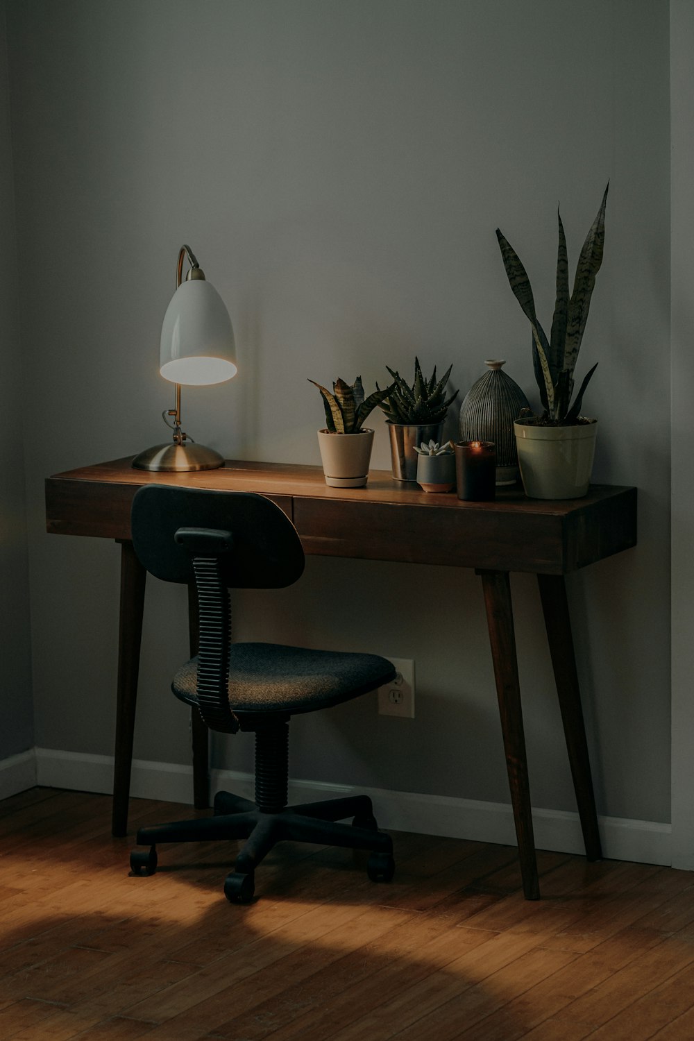 a desk with a lamp and some plants on it
