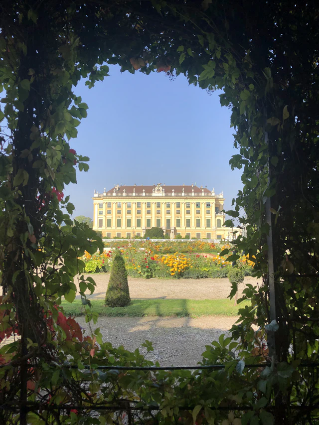 Schönbrunn Palace's yellow baroque facade viewed through a green garden archway.