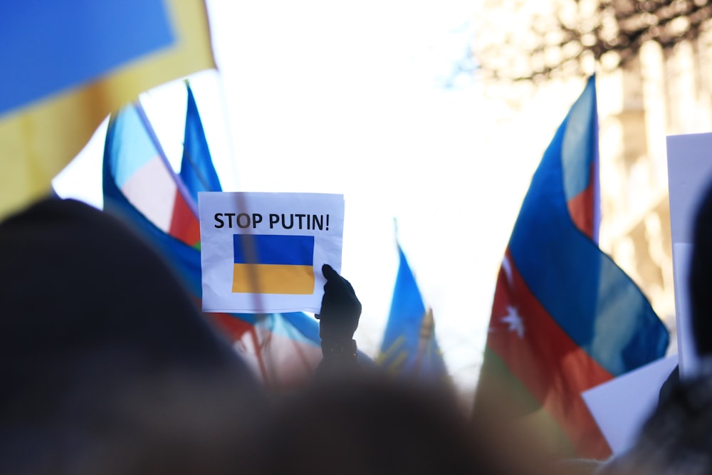 a group of people holding flags and signs