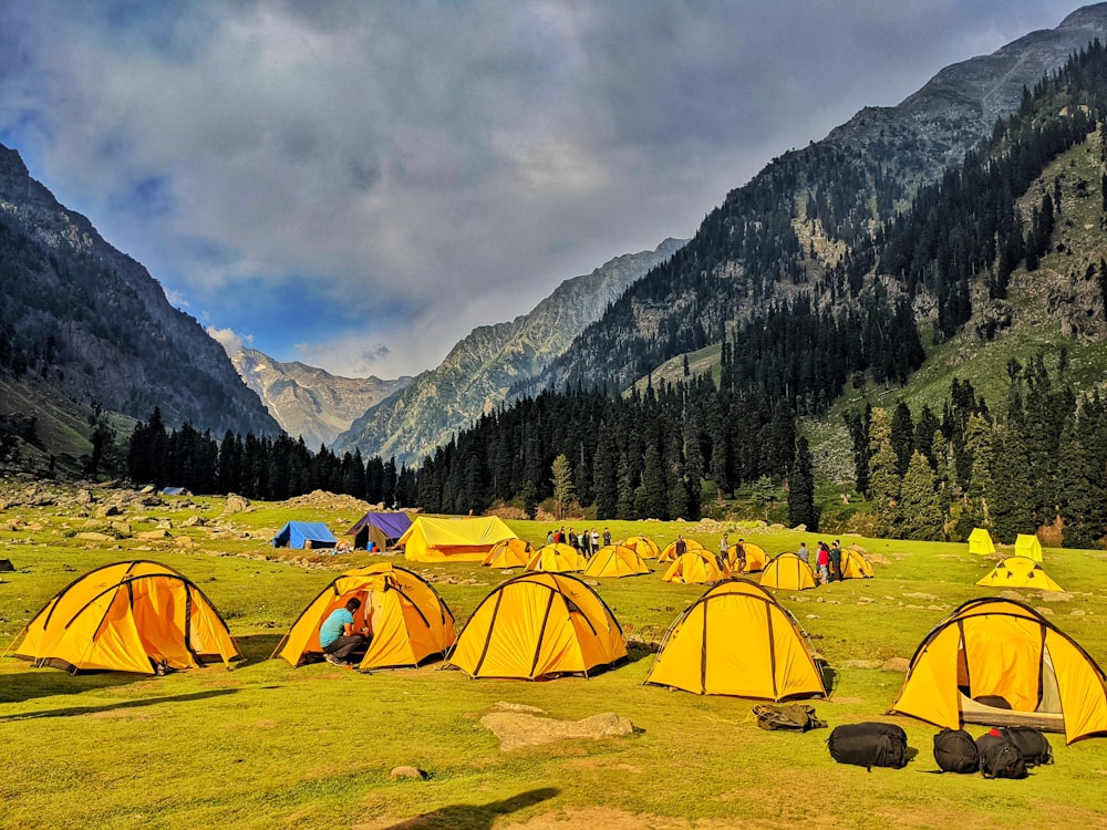 a group of tents set up in a field with mountains in the background