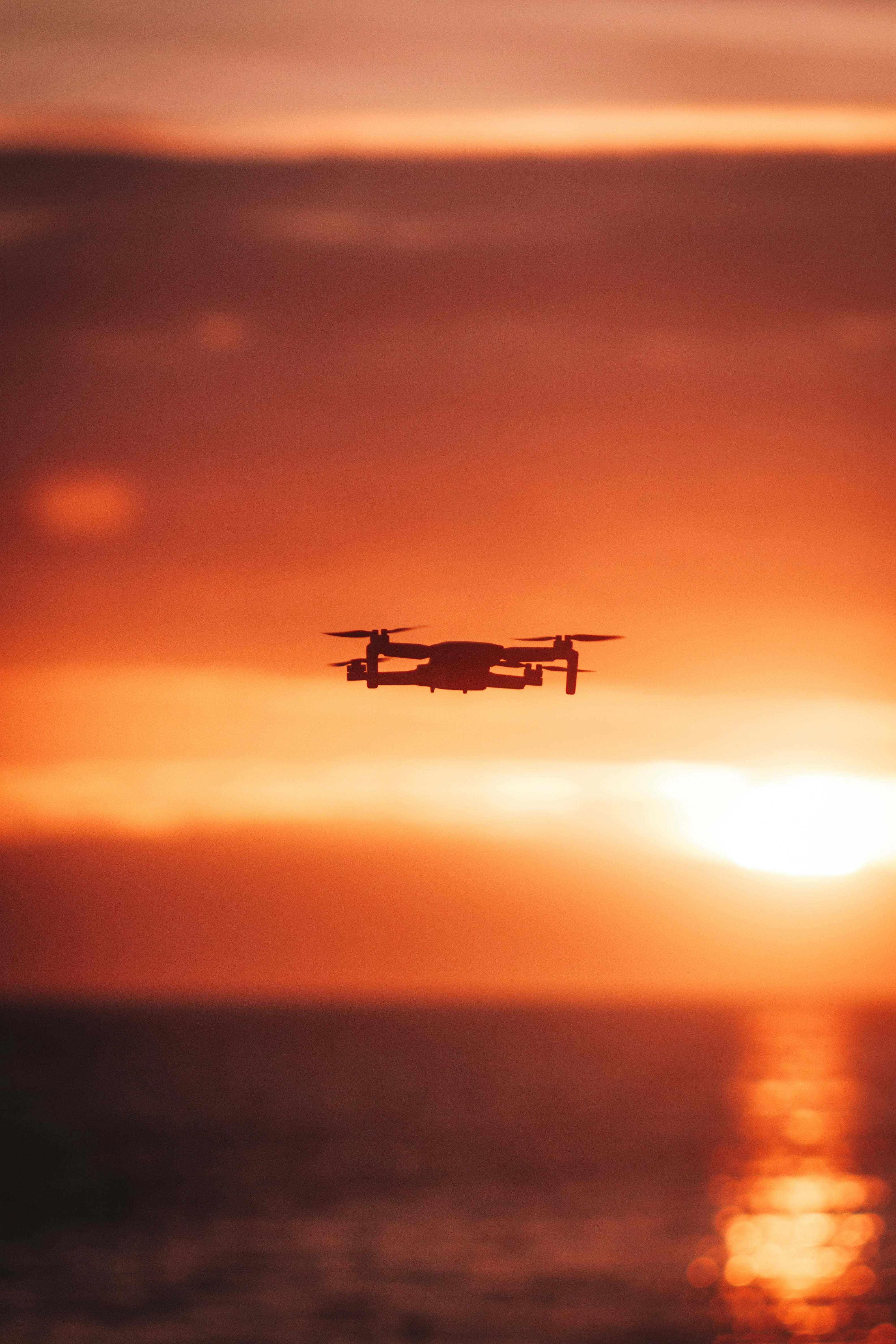 A small plane flying over the ocean at sunset photo Free Nature Image