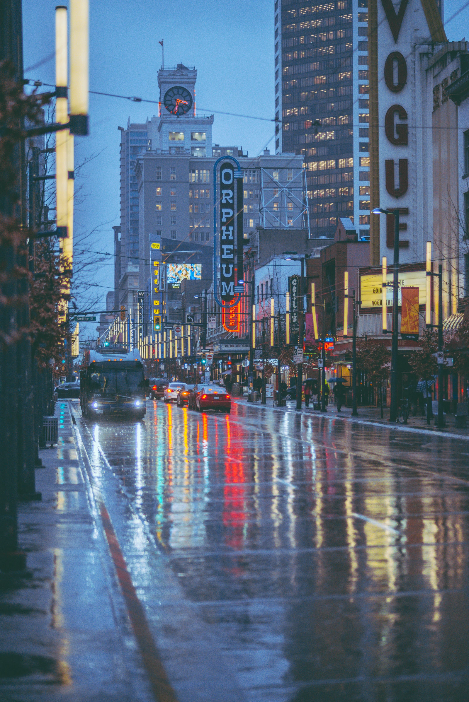 Granville Street theatre signs in the rain, Vancouver