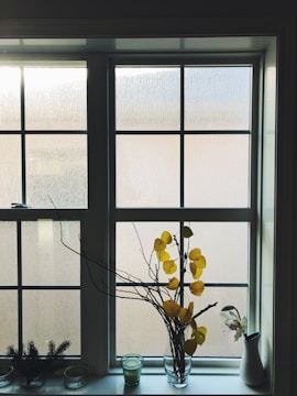 a vase of flowers sitting on a window sill