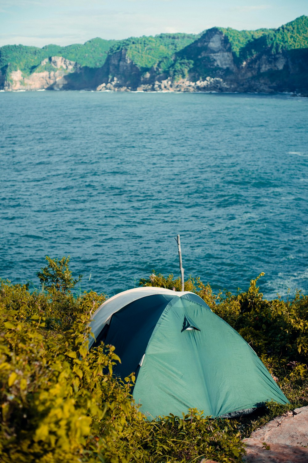 a blue tent sitting on top of a lush green hillside