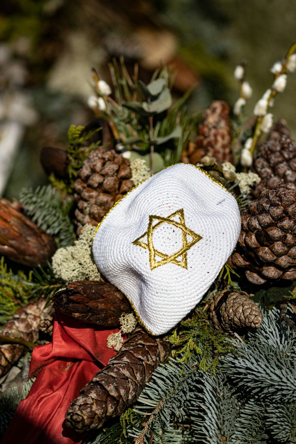 a white hat with a star of david on it