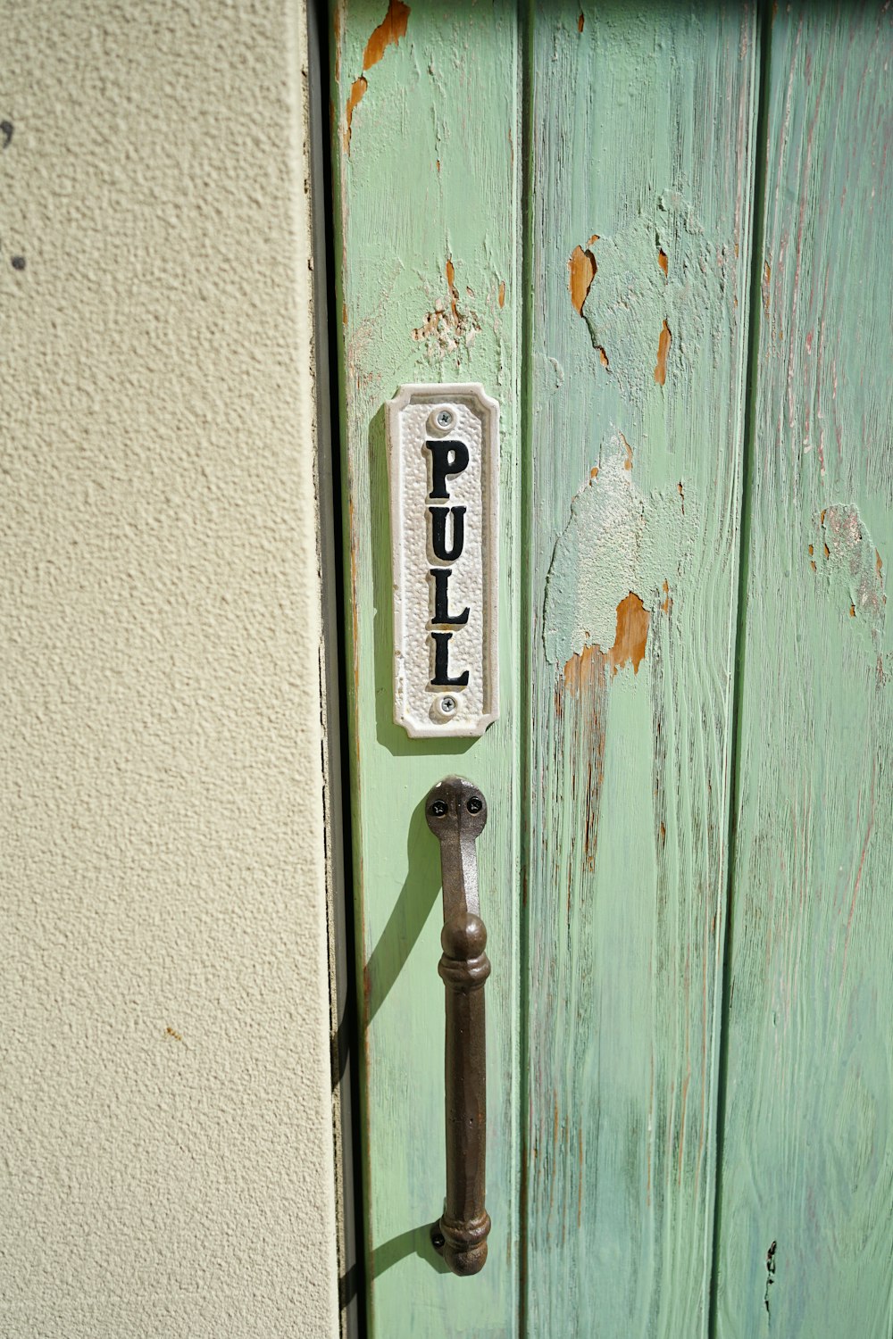 a door handle on a green door with a push button