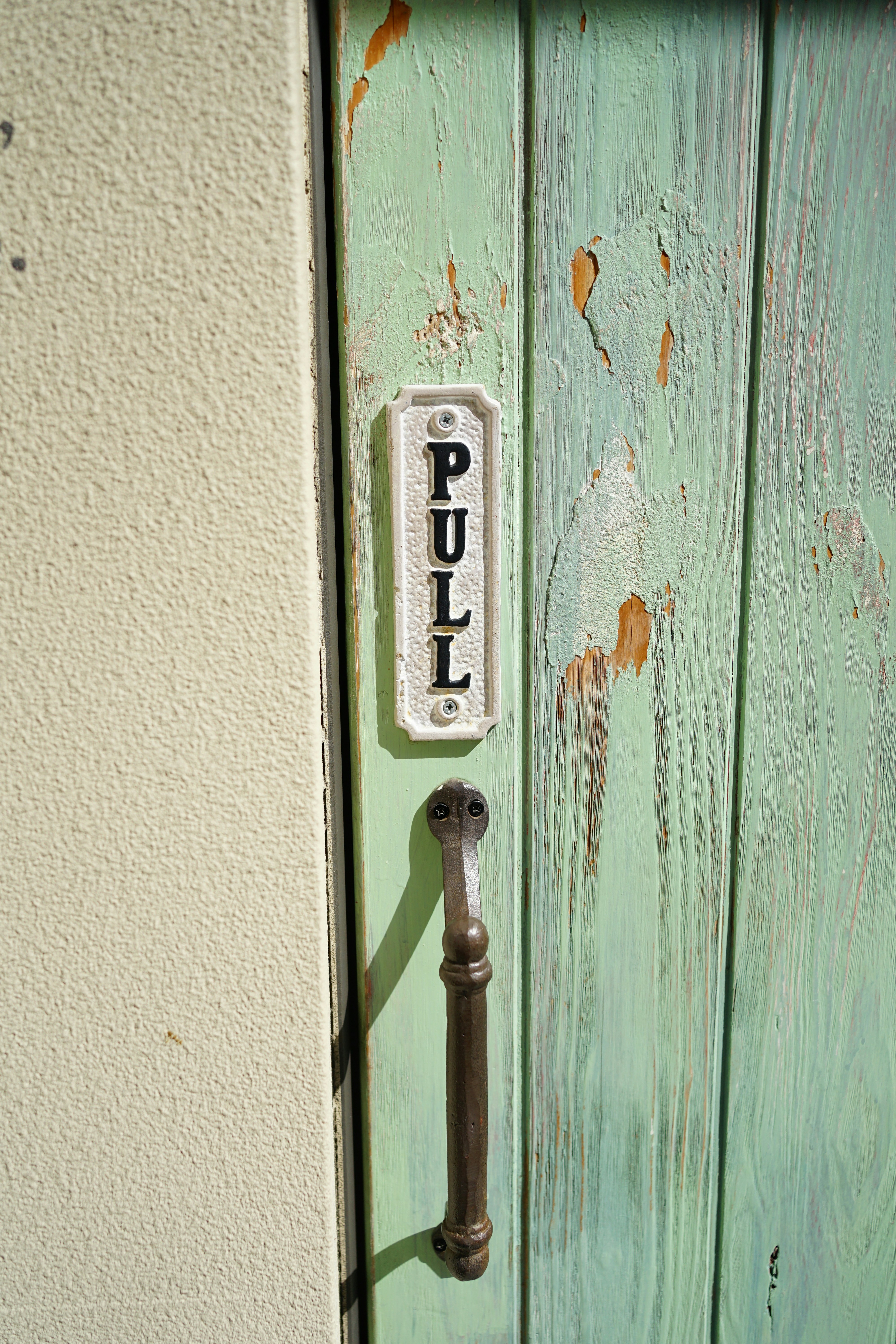 a door handle on a green door with a push button