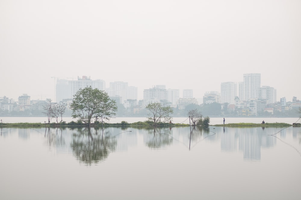 a body of water with a city in the background