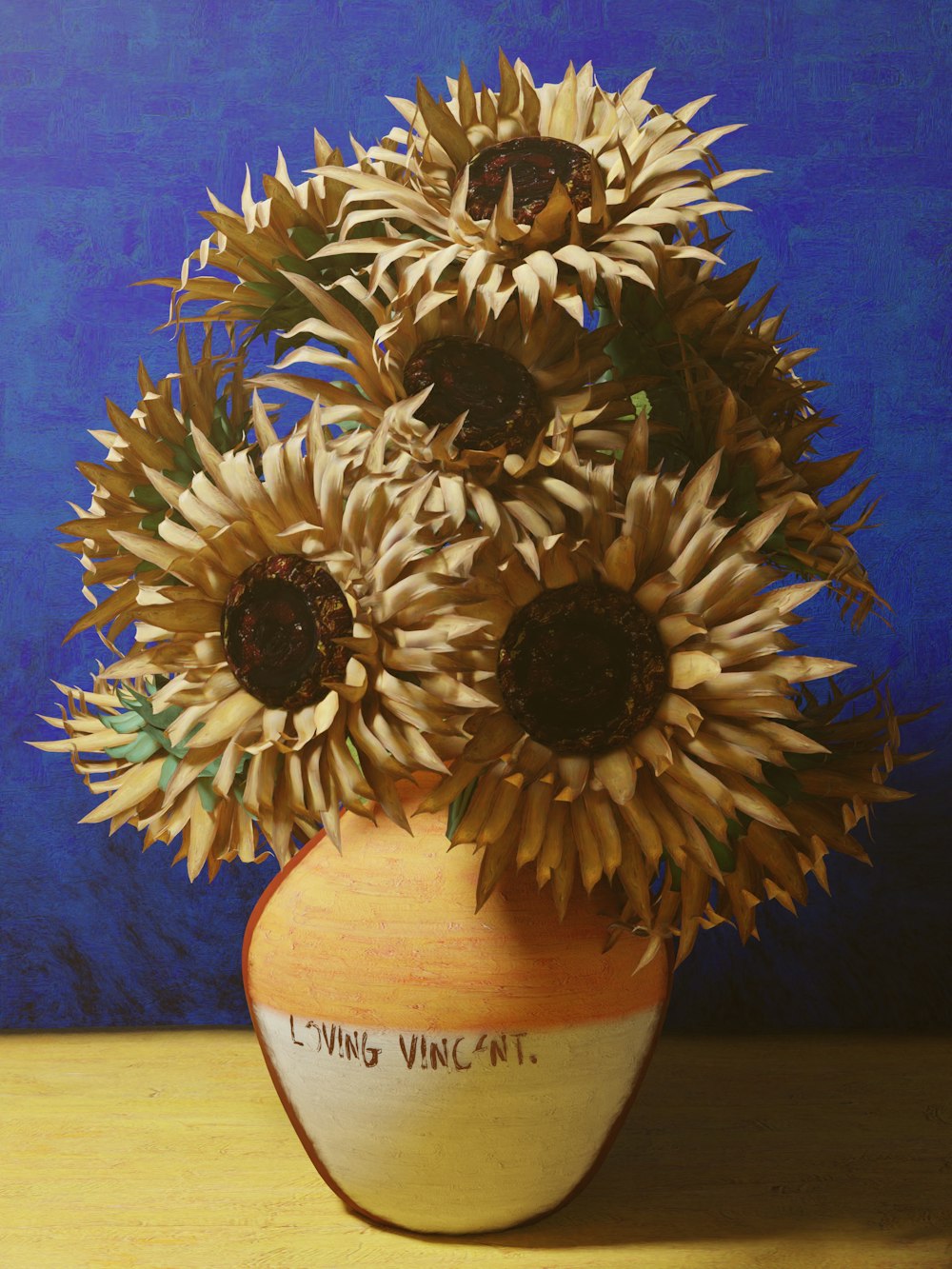 a painting of sunflowers in a vase on a table