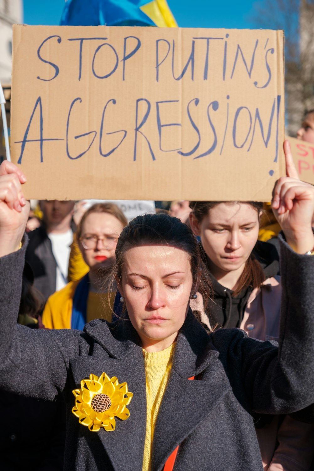 Una mujer sosteniendo un cartel que dice Stop Puin's Aggression