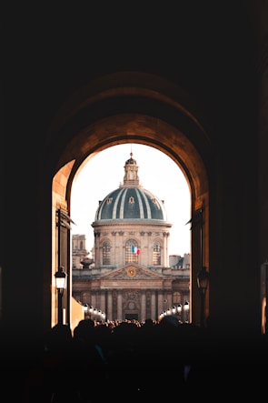 A grand architectural dome is framed by a dark archway, with sunlight illuminating the building's stone exterior. Crowds of people are visible in the foreground, creating a silhouette effect. The French flag is prominently displayed on the building.