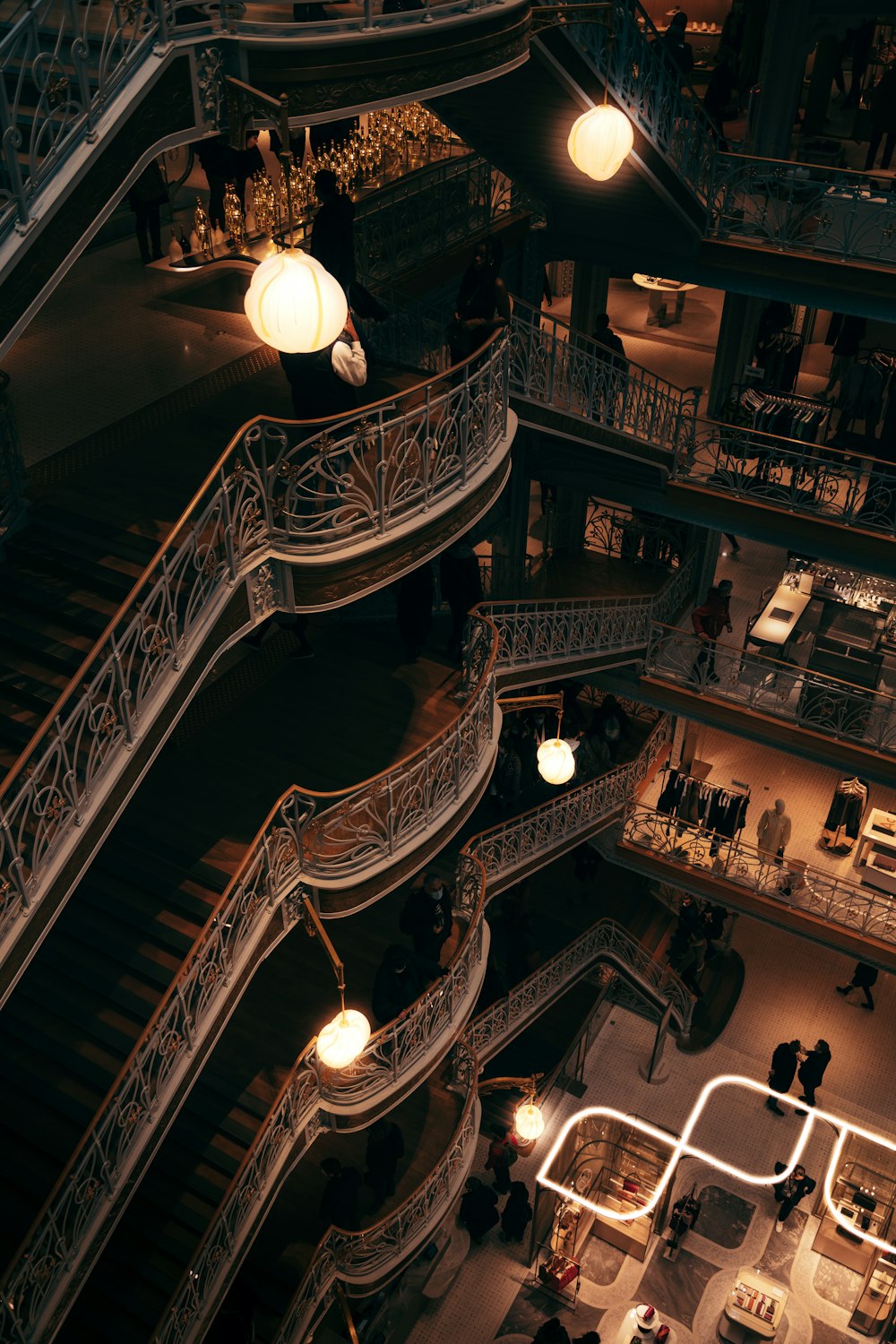 an overhead view of a building with a spiral staircase