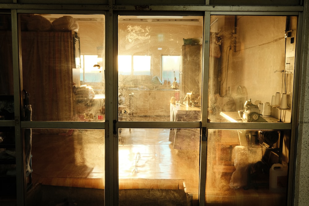 a view of a kitchen through a window