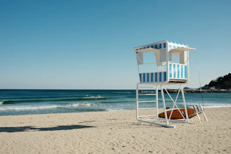 Lifeguard scanning the ocean from a lookout tower with rescue board nearby.