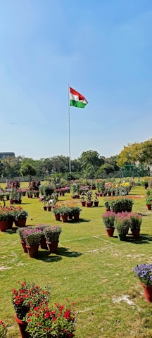 A large, open garden area filled with various potted plants and flowers, arranged neatly on a grassy field. In the background, a tall flagpole with a red, white, and green flag stands prominently. The sky is clear and blue, and the garden is bordered by trees, with a building partially visible to the left.