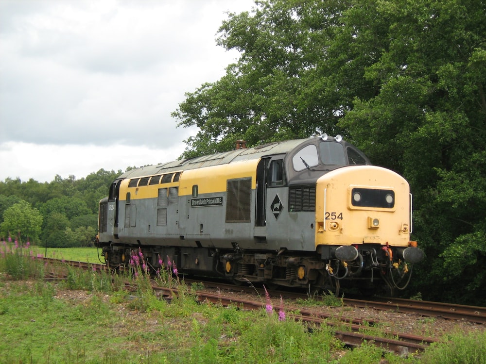 a yellow and black train traveling down train tracks