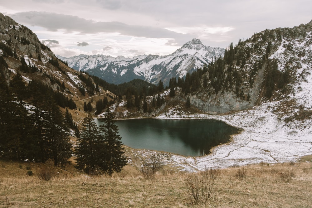 a mountain lake surrounded by snow covered mountains