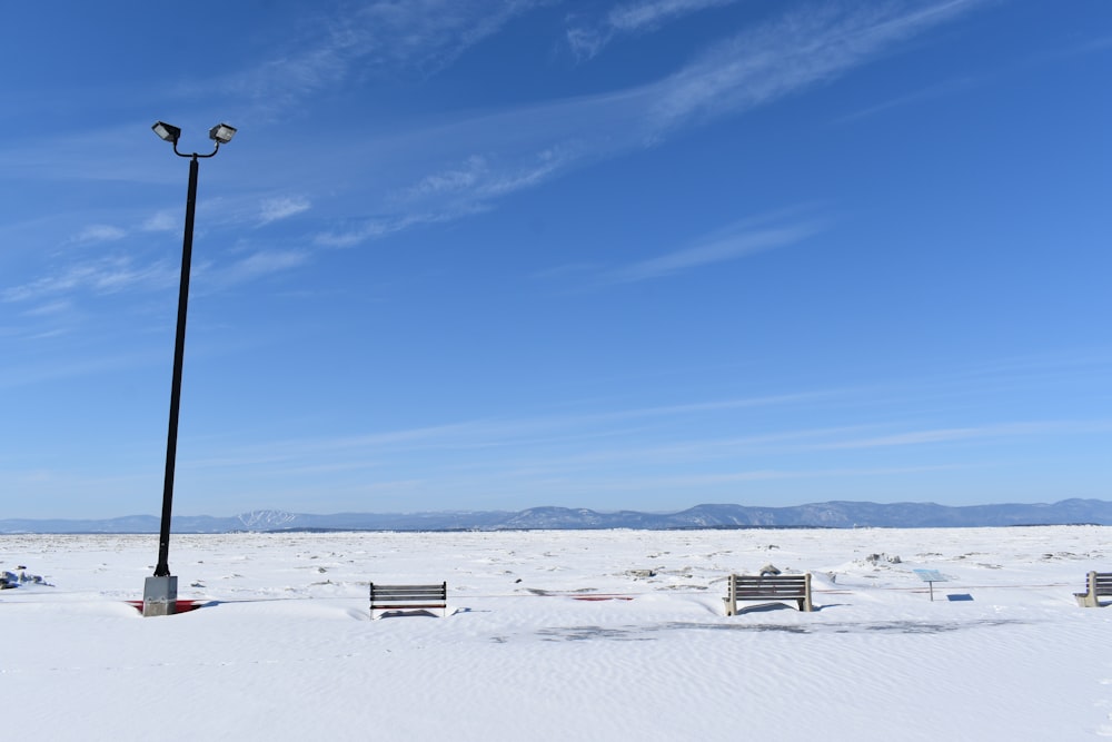 a street light in the middle of a snowy field