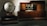 A vintage-style wooden cabinet and dresser with a large circular mirror on the left. The furniture has a rich brown finish with distinct wood grain patterns. The background features a geometric pattern and there are various decorative items placed on and around the furniture.